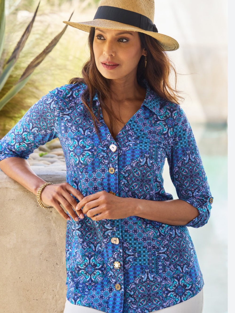 Soft Surroundings Danielle Blue Button Down Shirt with Art to wear fun buttons